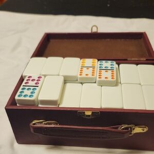 Classic White Domino Set with Multicolor Dots in Brown Case